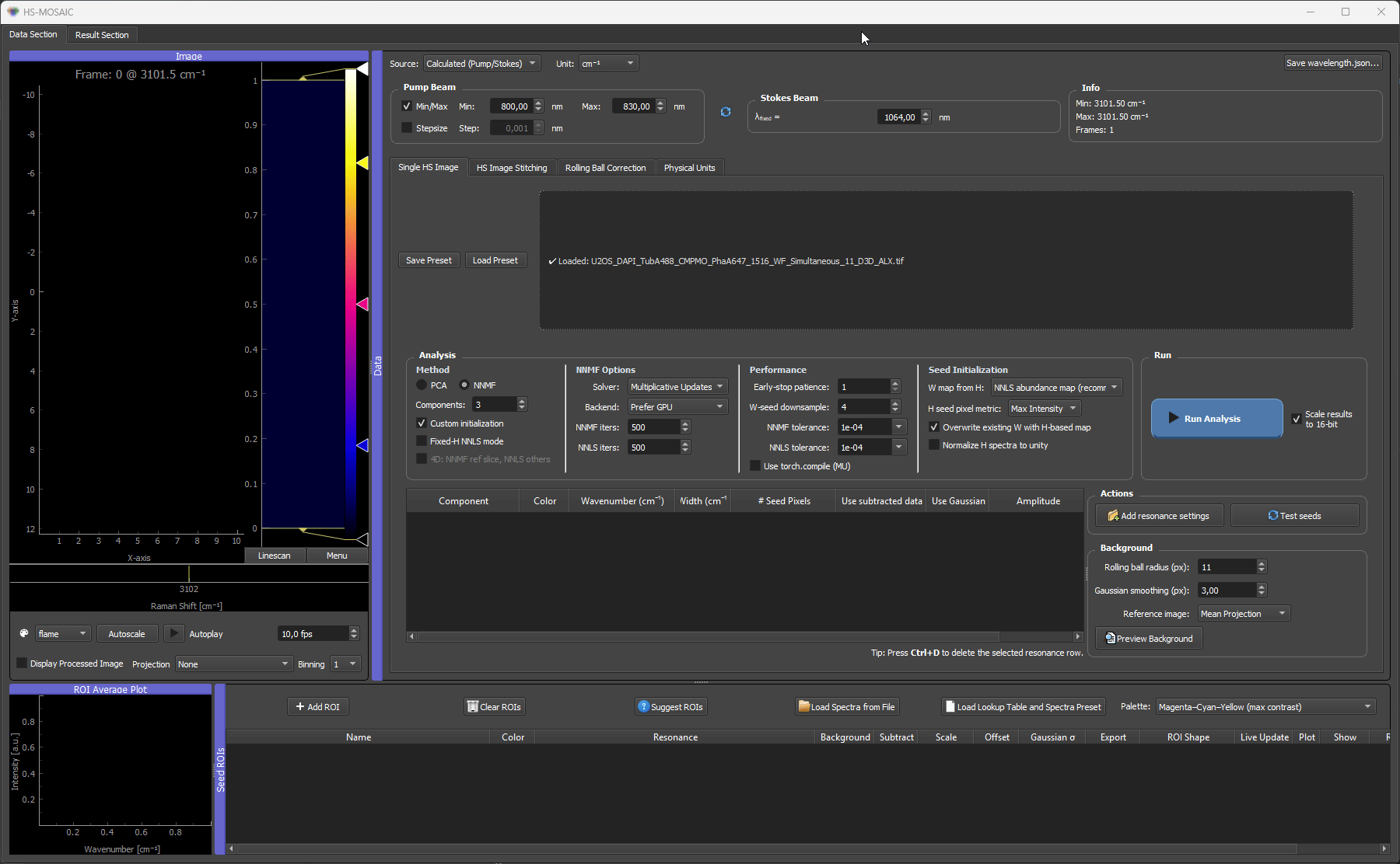 Loading a 4D TIFF: the axis selection dialog appears, and the z/time selector is added to the raw image viewer