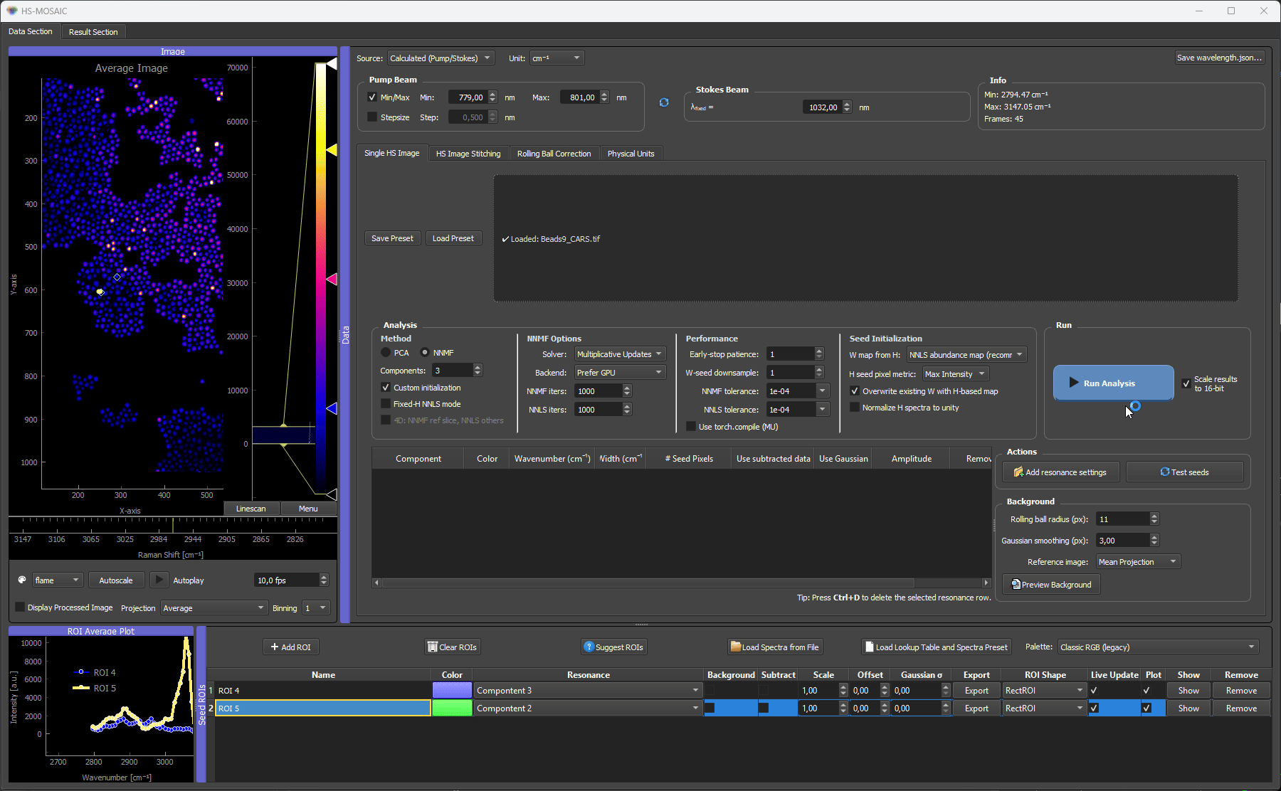 Gaussian seed generation from manually defined resonance settings, creating a dummy ROI row with the Gaussian spectrum as H seed