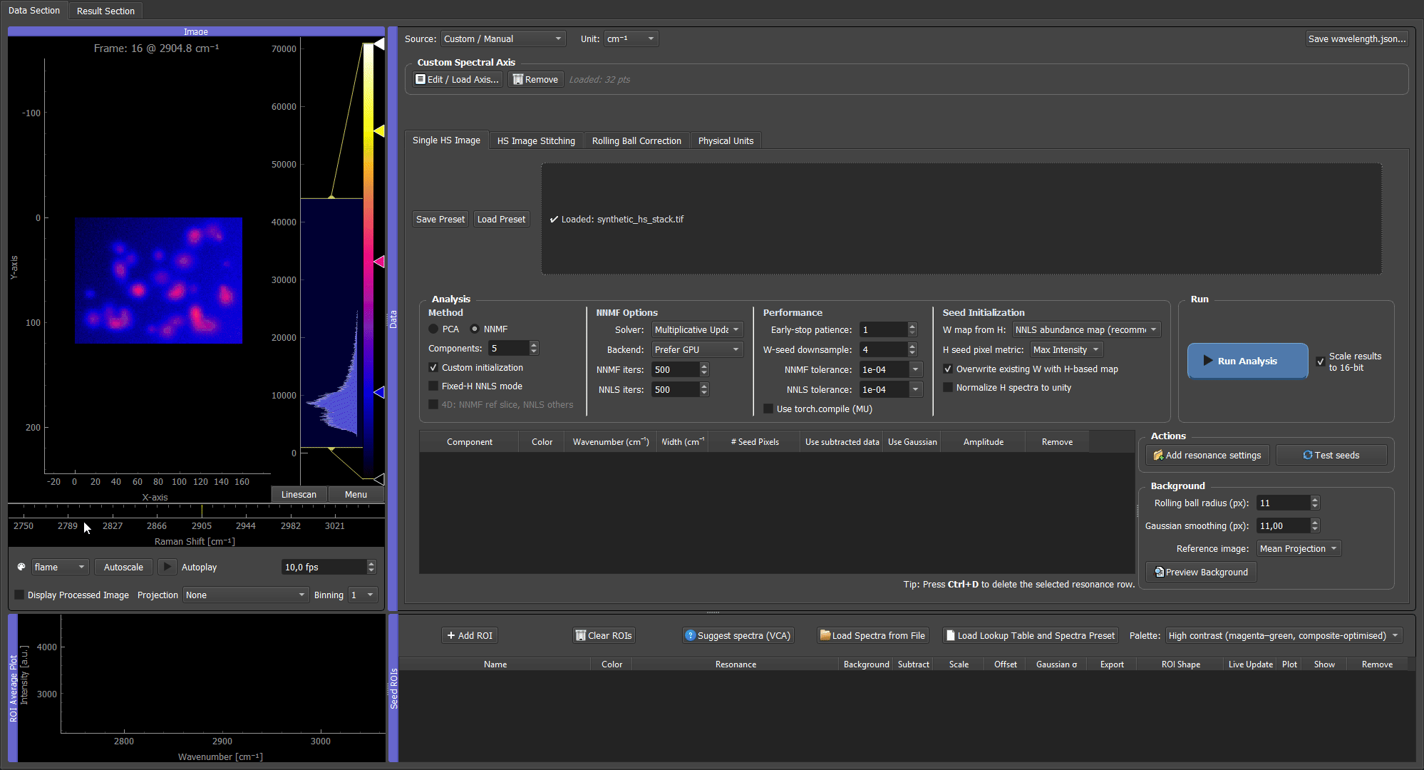 VCA on the synthetic quickstart data: pressing Suggest spectra (VCA) with the max ROI half-size set to 5 px, recovering all five endmember spectra (including the broad background as component 1), then separating every bead species in the dark-themed result viewer