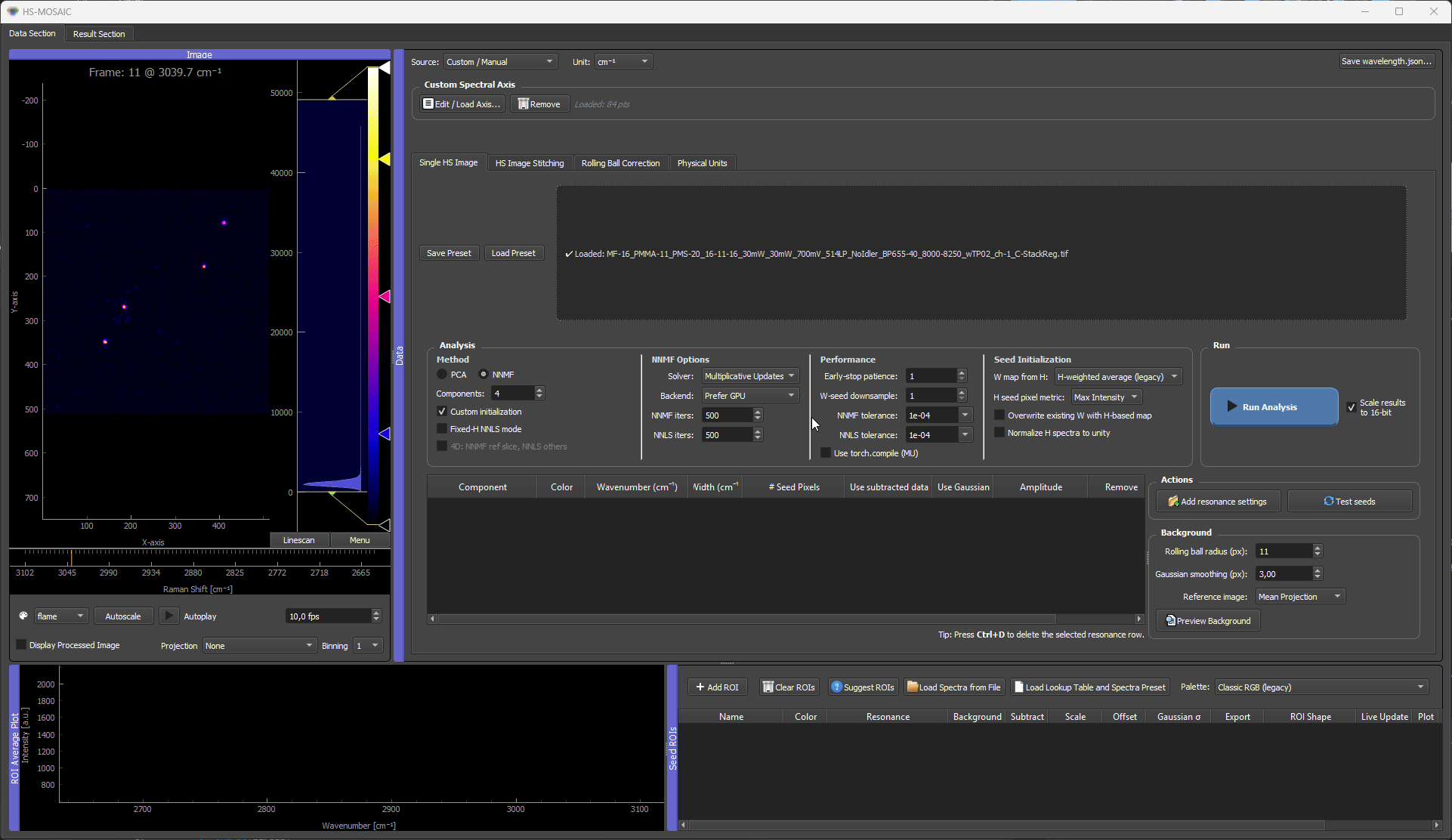 Loading a result-viewer .preset from the ROI Manager: the GUI prompts for how to apply it, reusing the saved component colors and histogram/LUT settings on the current result