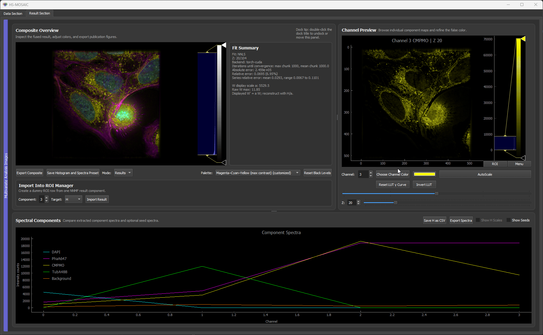 Fixed H NNLS result for a unmixed U2OS fluorescence z-stack. The resultuing H spectra are locked across slices.
