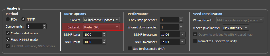 Backend dropdown in the analysis panel with options for GPU acceleration: Prefer GPU (tries CUDA > MPS > XPU, falls back to CPU if no GPU) and CPU only (skips PyTorch path, runs scikit-learn on CPU)
