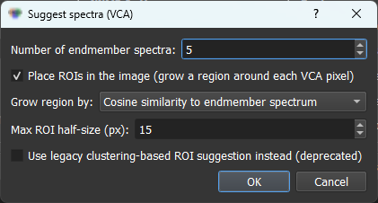 The Suggest spectra (VCA) dialog: number of endmember spectra, the Place ROIs checkbox, the Grow region by selector, the Max ROI half-size, and the legacy clustering toggle