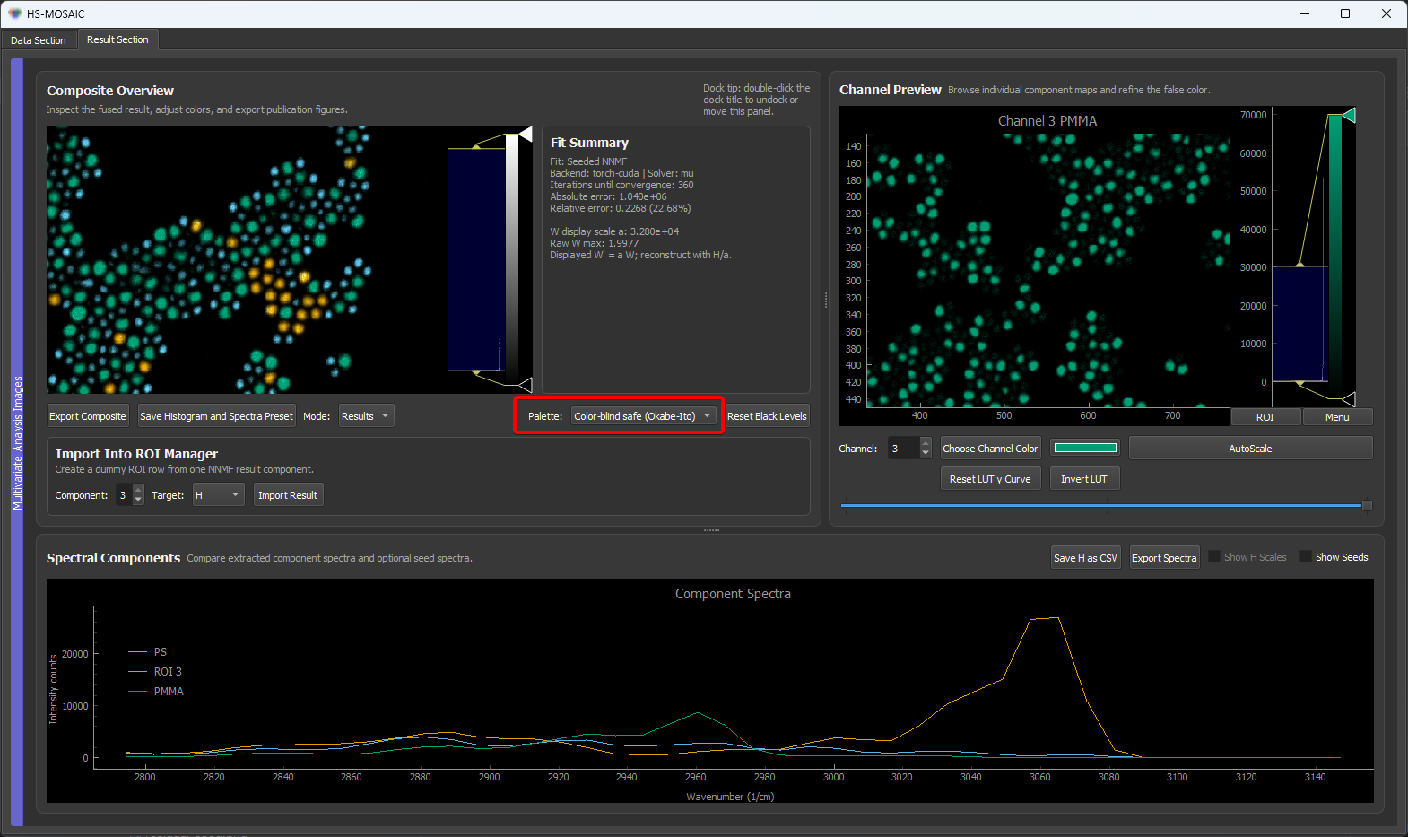 Palette dropdown in the result viewer toolbar (next to Save Histogram and Spectra Preset) and the matching dropdown in the ROI Manager — both stay in sync and switch the active component-colour palette