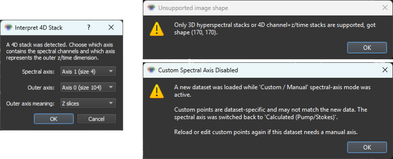 Gallery of common error and warning dialogs raised during TIFF loading and analysis