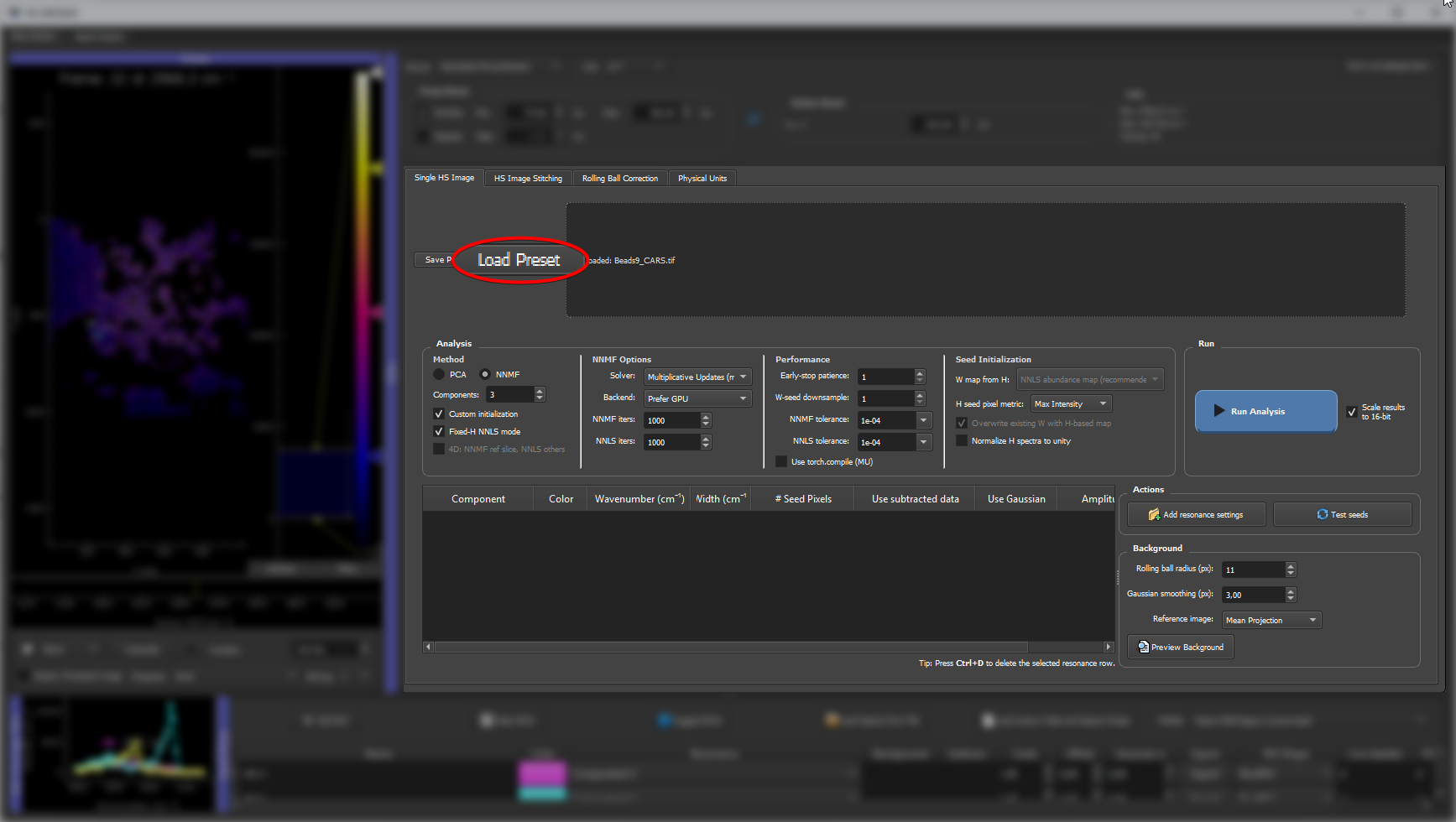 The Save Preset and Load Preset buttons for the main JSON application preset in the analysis panel